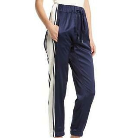 MONSE BLUE SILK STRETCH SATIN TRACK STRIPED PANTS